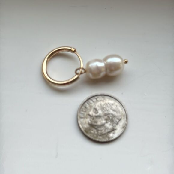 Men’s Twin Pearl Gold Hoop Earrings Genuine Cultured Double Pearl Drop Hoops New - Picture 6 of 6